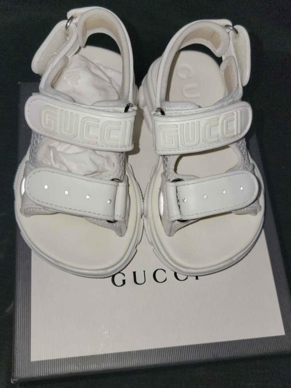 Gucci White Kids Logo Velcro Sandals
